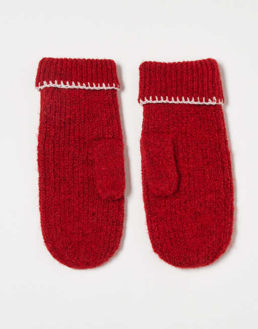Miss Selfridge Wool Mittens With Blanket Stitch Detail In Red With Soft Pink Stitching