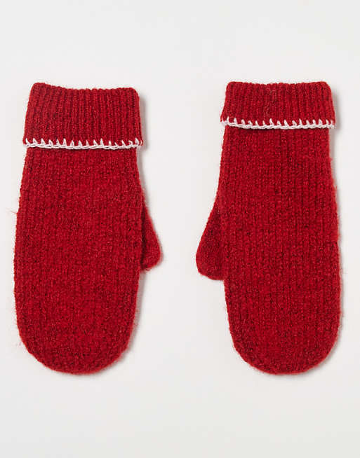 Miss Selfridge wool mittens with blanket stitch detail in red with soft pink stitching