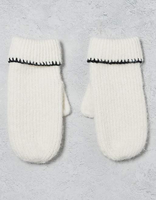 Miss Selfridge wool mittens with blanket stitch detail in cream with black stitching