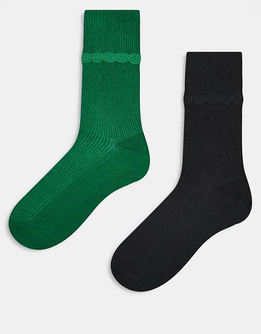 Monki 2 pack ankle socks with scallop frill in black and green