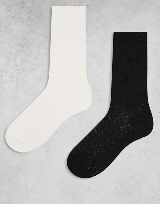 Monki 2 pack pointelle ankle socks in black and white