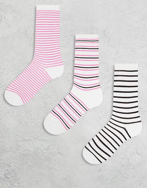 Monki 3 pack ankle socks in pink stripe