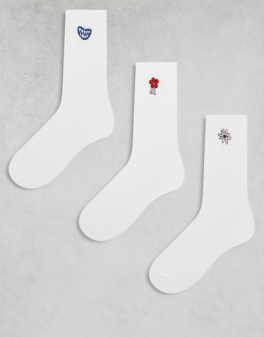 Monki 3 pack ankle socks with embroidered motif in white