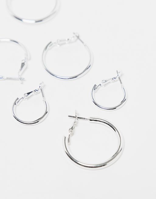 Monki 3 Pack Hoop Earrings In Silver