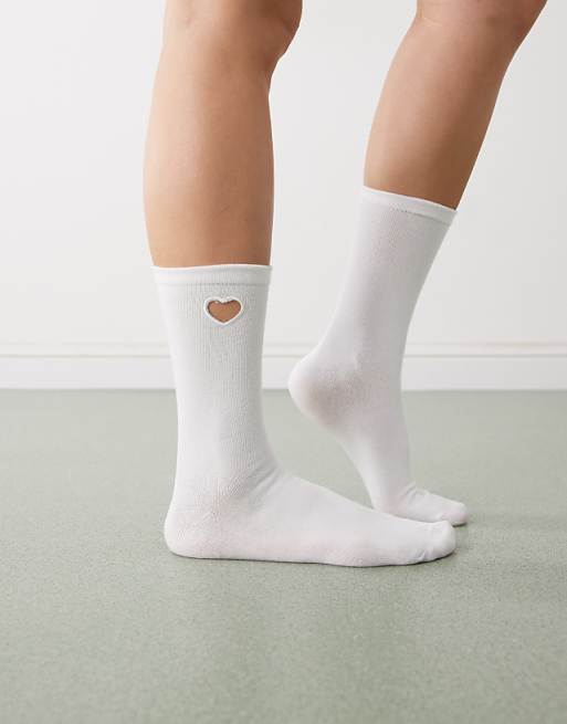 Monki ankle sock with heart cut out detail in white