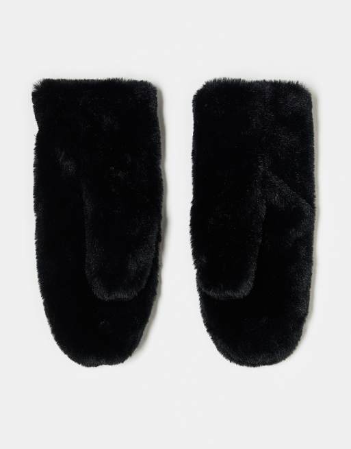 Monki Faux Fur Mittens In Black