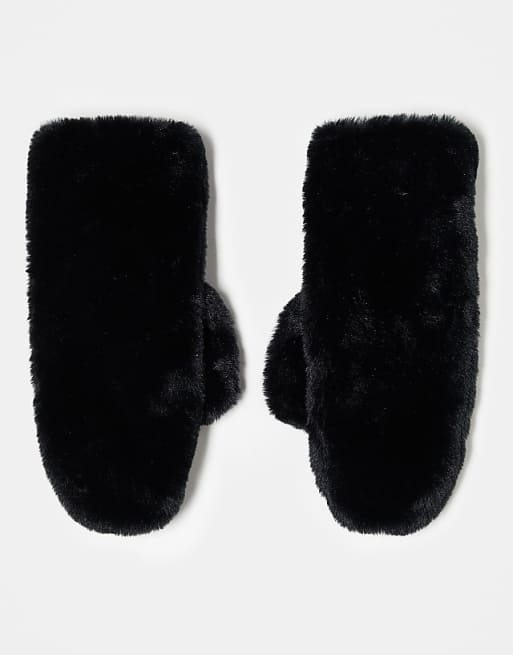 Monki faux fur mittens in black