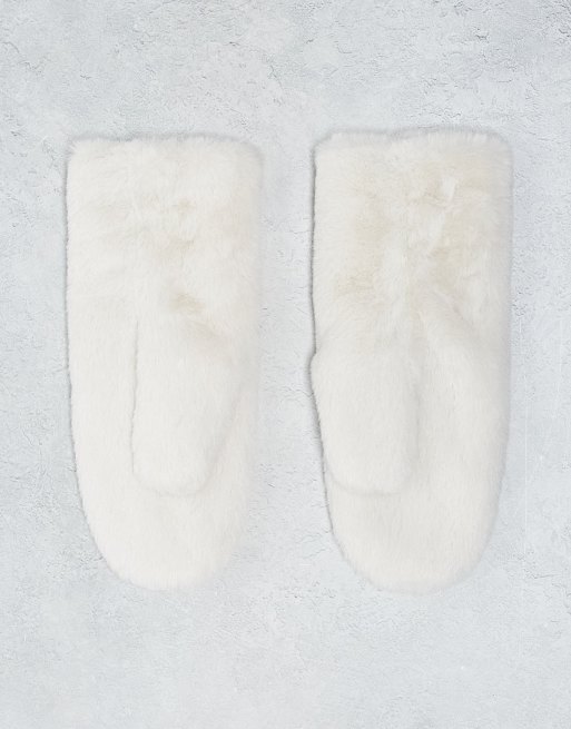 Monki Faux Fur Mittens In Off White