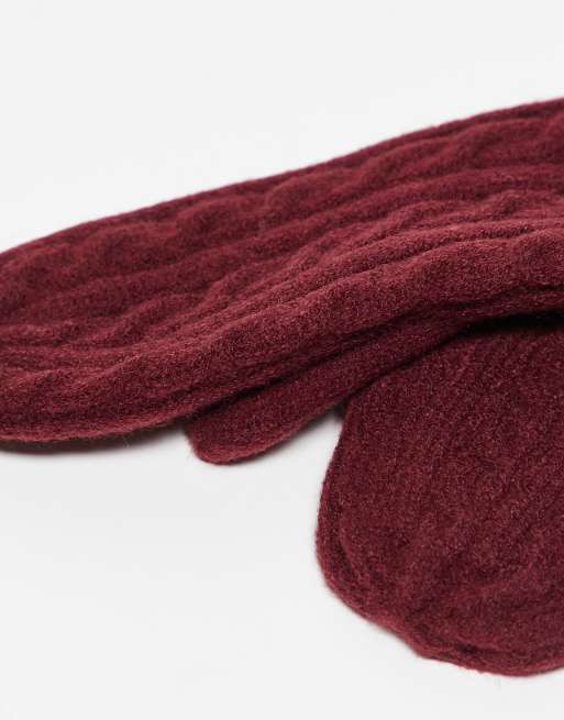 My Accessories Cable Knit Mittens In Burgundy