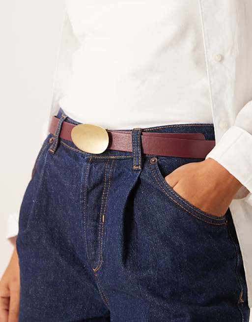 My Accessories curved buckle belt in burgundy and gold
