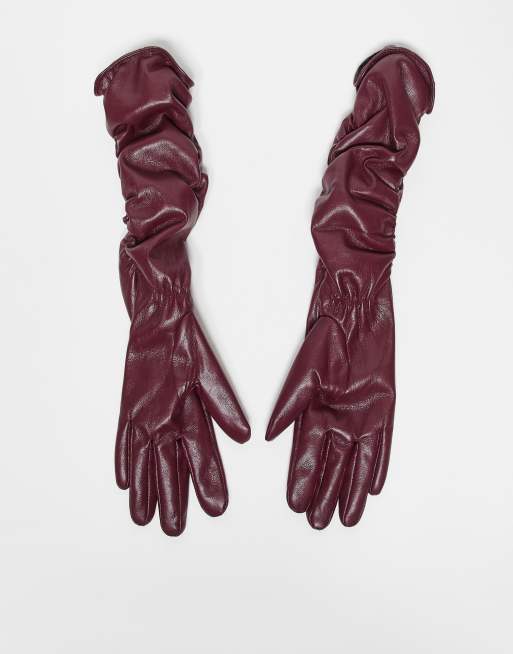 My Accessories Faux Leather Long Ruched Gloves In Burgundy