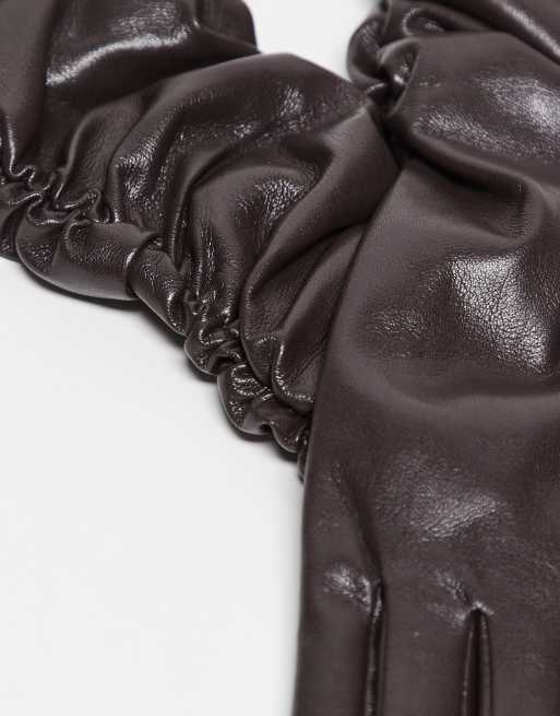 My Accessories Faux Leather Long Ruched Gloves In Brown