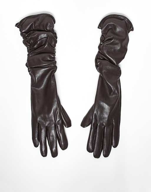 My Accessories faux leather long ruched gloves in brown