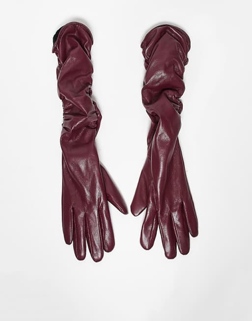 My Accessories faux leather long ruched gloves in burgundy