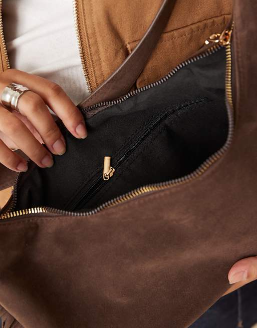 My Accessories Faux Suede Shoulder Bag With Fringing In Brown