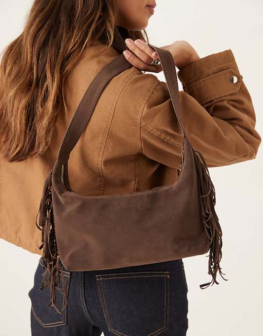 My Accessories faux suede shoulder bag with fringing in brown