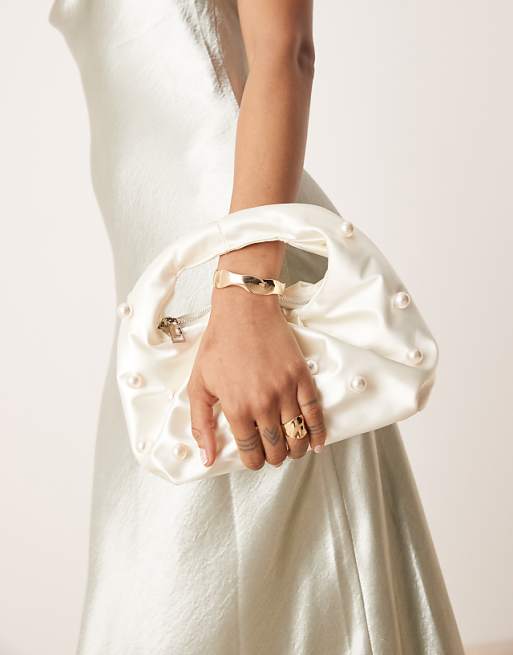 My Accessories Handheld Bag With Pearls In Cream