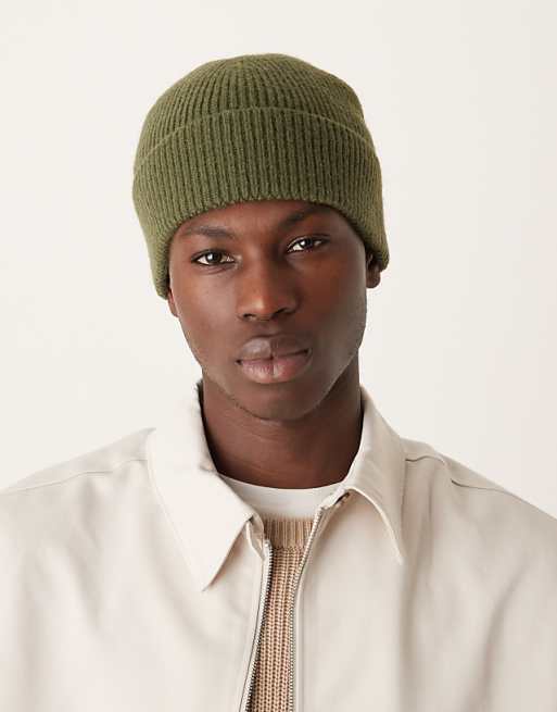 My Accessories Man rib turn up beanie in olive green