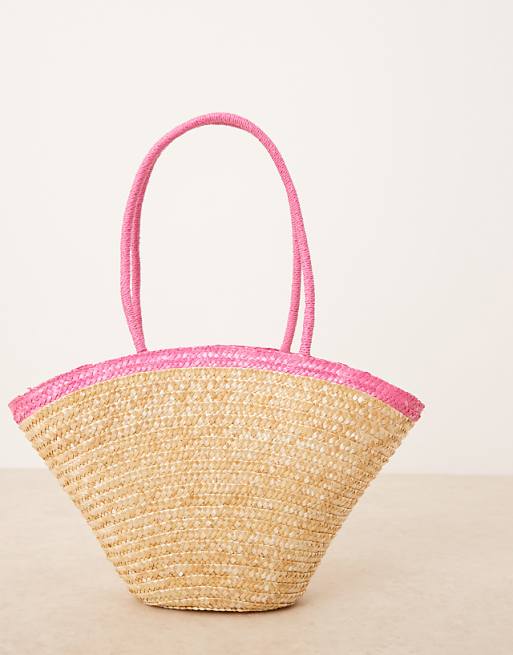 My Accessories Medium Straw Tote Bag With Contrast Pink Strap In Beige
