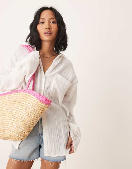 My Accessories Medium Straw Tote Bag With Contrast Pink Strap In Beige
