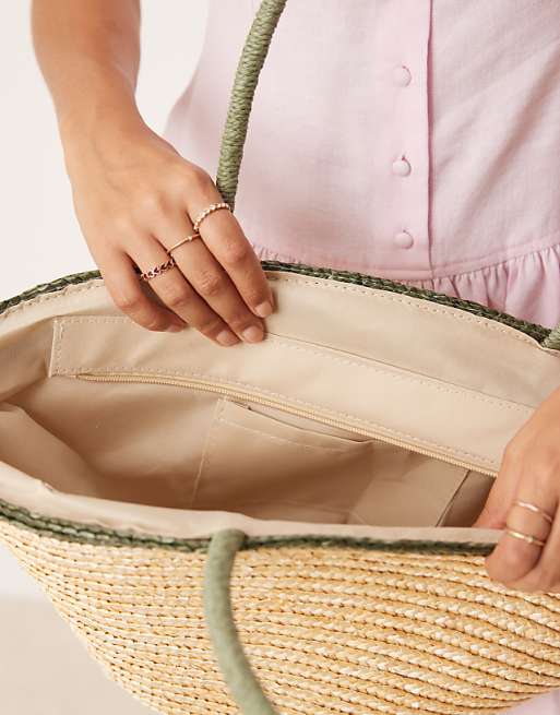 My Accessories Medium Straw Tote Bag With Contrast Green Strap In Beige