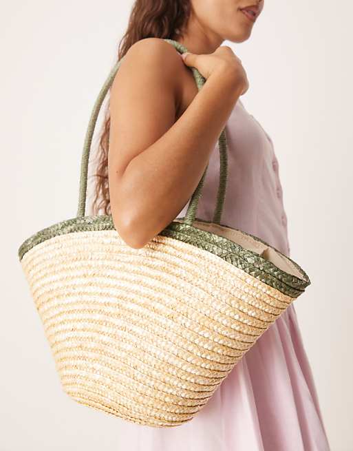 My Accessories medium straw tote bag with contrast green strap in beige