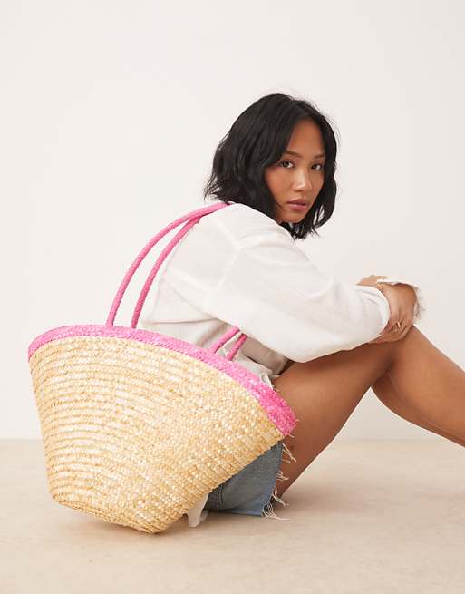 My Accessories medium straw tote bag with contrast pink strap in beige