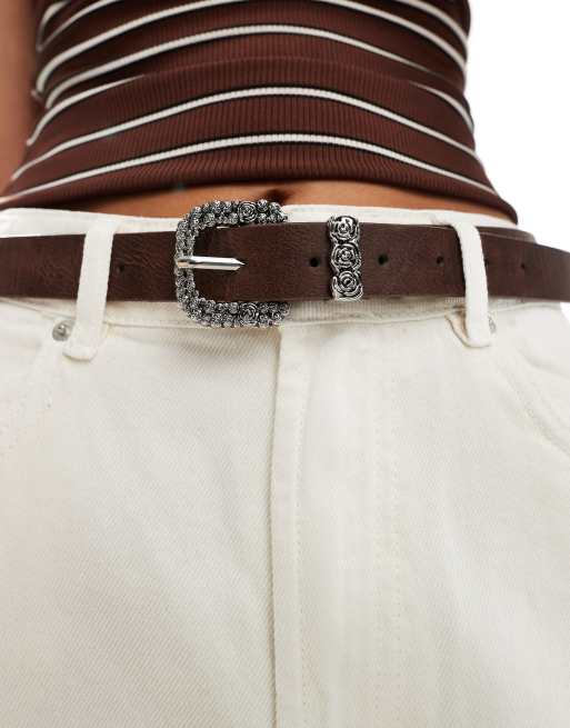 My Accessories Rose Western Buckle In Brown And Antique Silver