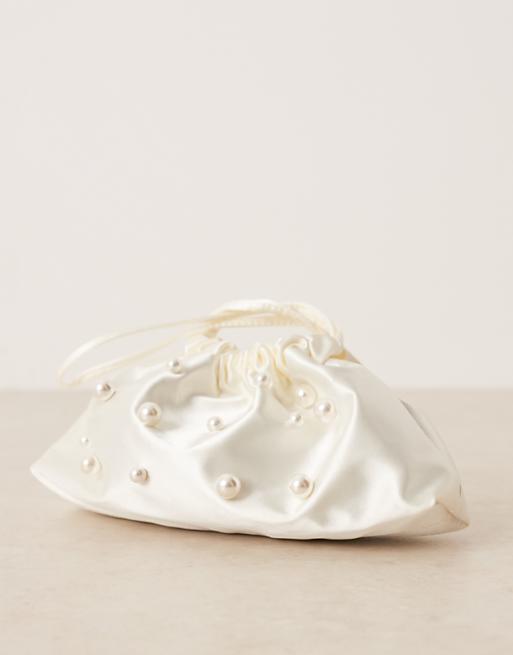 My Accessories Satin Pouch Bag With Pearls In Cream