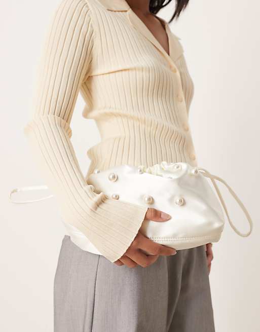 My Accessories Satin Pouch Bag With Pearls In Cream