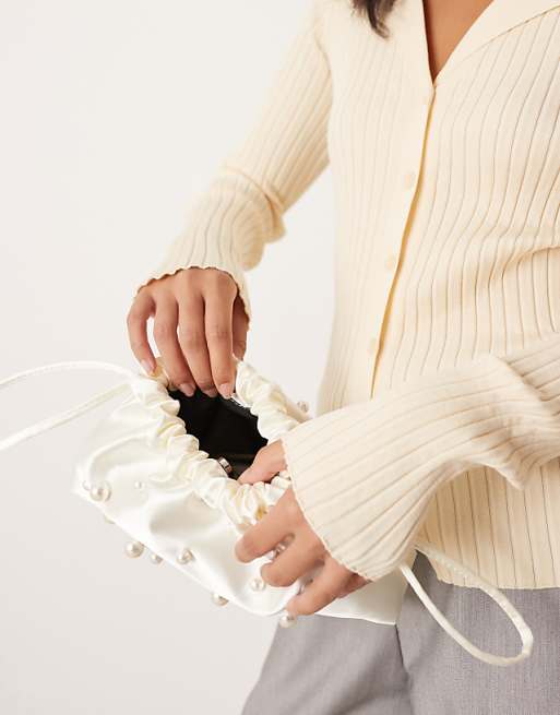My Accessories Satin Pouch Bag With Pearls In Cream