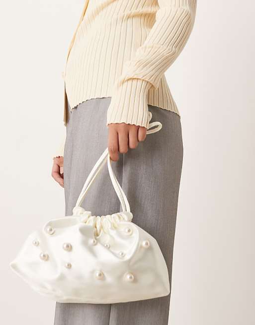 My Accessories satin pouch bag with pearls in cream