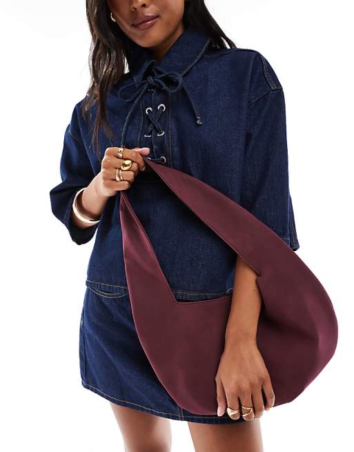 My Accessories Slouchy Round Faux Suede Shoulder Bag In Burgundy