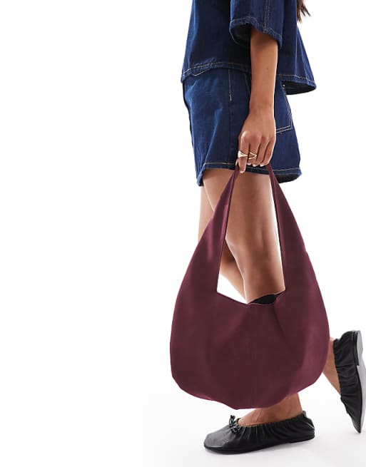 My Accessories Slouchy Round Faux Suede Shoulder Bag In Burgundy