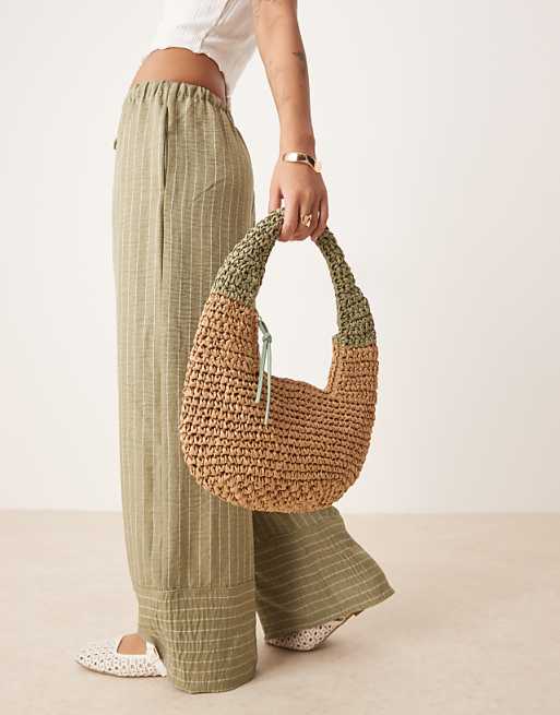 My Accessories Straw Grab Bag In Green And Natural Beige