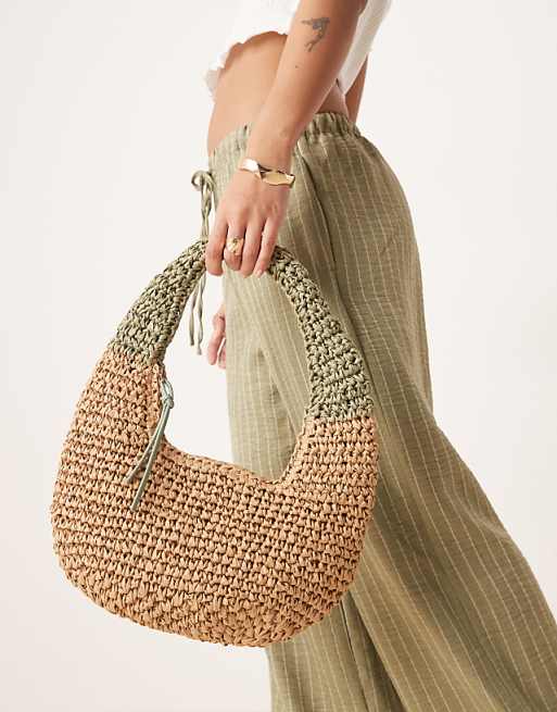 My Accessories Straw Grab Bag In Green And Natural Beige
