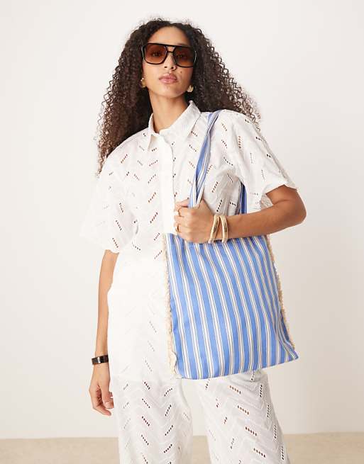My Accessories Stripe Tote Bag With Lace Trim In Blue