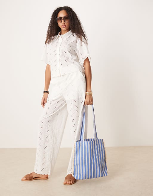 My Accessories Stripe Tote Bag With Lace Trim In Blue