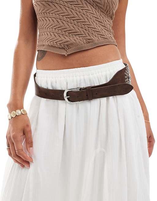 My Accessories wide belt with studs in silver and brown