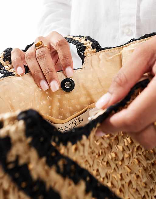 Native Youth Contrast Edge Raffia Mini Bag In Black And Natural