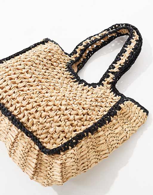 Native Youth Contrast Edge Raffia Mini Bag In Black And Natural
