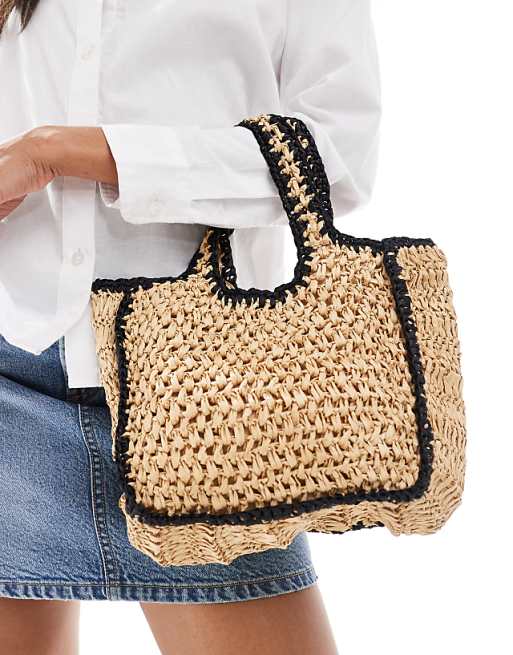 Native Youth contrast edge raffia mini bag in black and natural