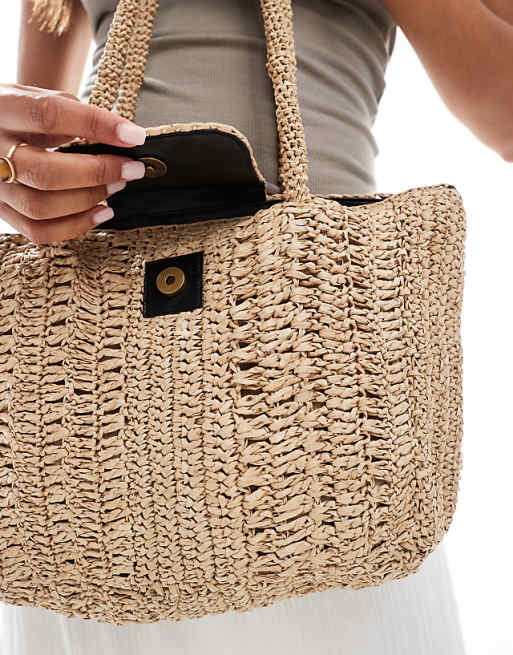 Native Youth Top Flap Raffia Shoulder Bag In Natural