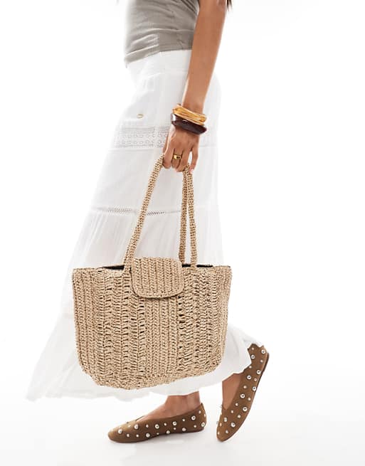 Native Youth Top Flap Raffia Shoulder Bag In Natural