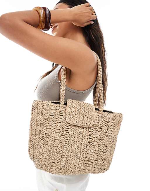 Native Youth top flap raffia shoulder bag in natural