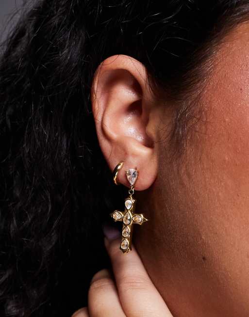 Neck On The Line Clear Stone Cross Earrings In Gold Plated