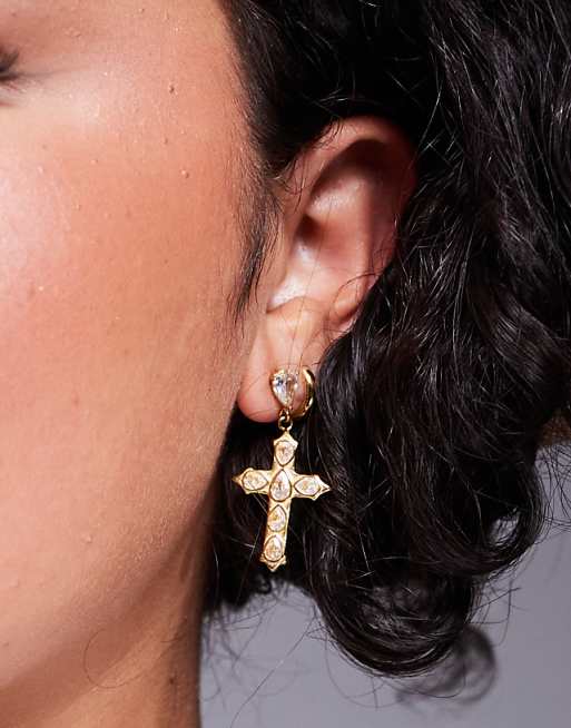 Neck On The Line clear stone cross earrings in gold plated