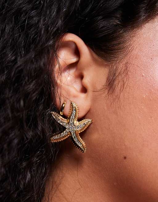 Neck On The Line Embellished Statement Starfish Earrings In Gold Plated