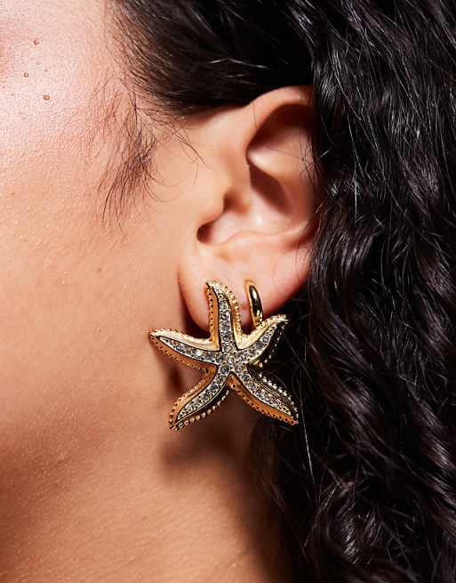 Neck On The Line embellished statement starfish earrings in gold plated