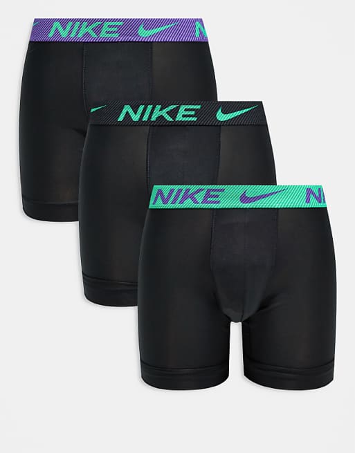 Nike Essential Microfibre 3 pack long boxer brief in black with coloured waistband in black / blue / green